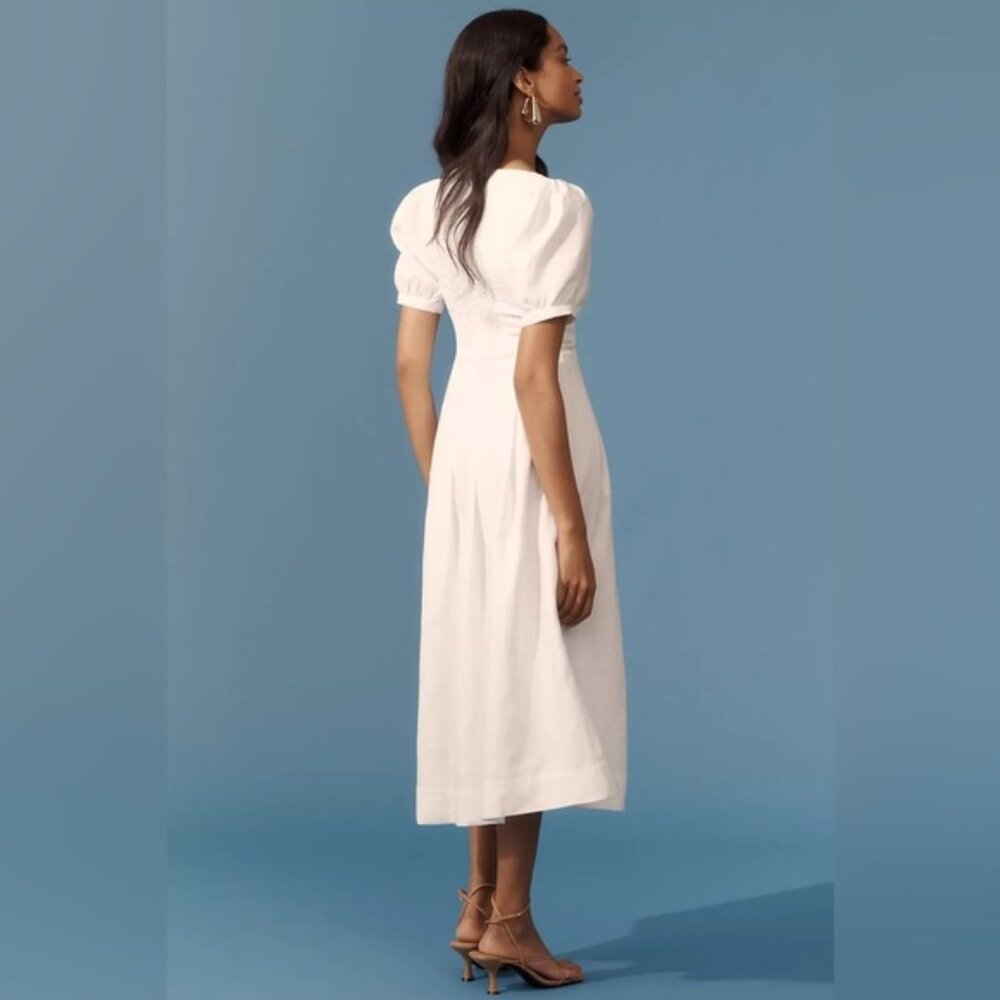 NEW Reformation Coucou Midi Linen Dress Puff Sleeves White | US 4 UK 8 - Picture 3 of 11